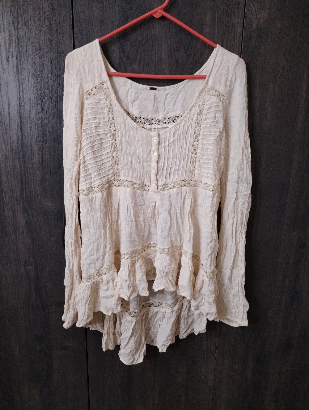 Free People Cream Lace-Panel Ruffled Peasant Tunic